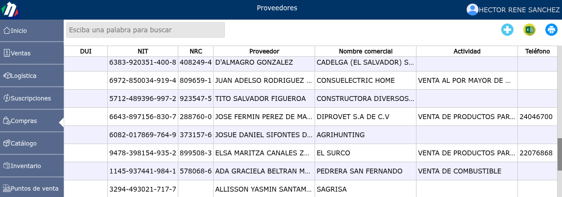 Lista de proveedores