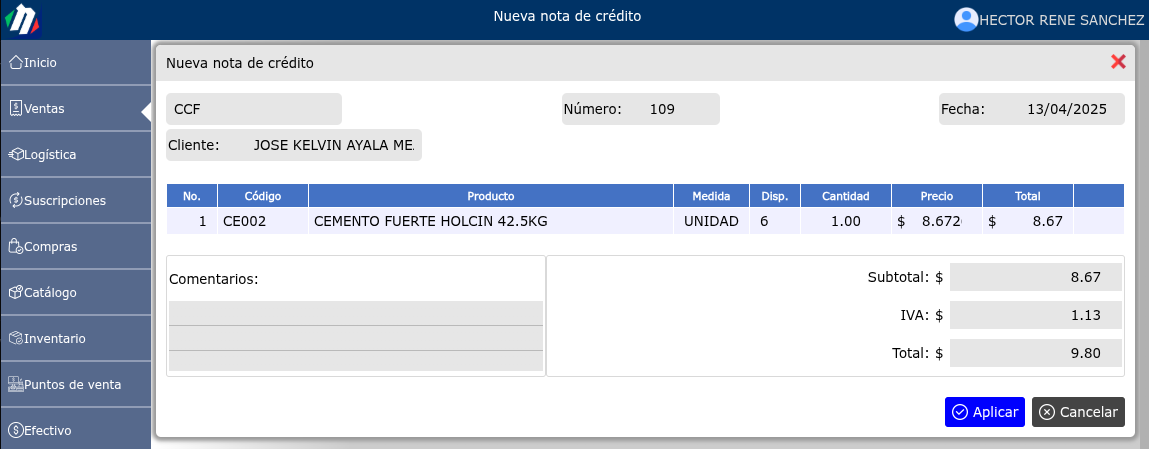 Nueva nota de crédito