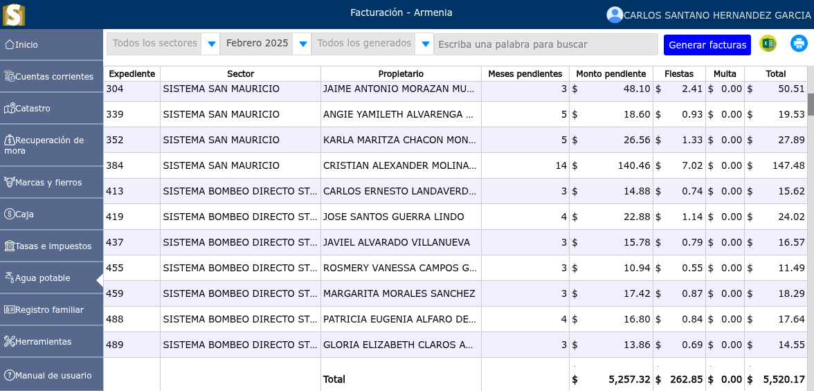 Listado de acometidas en mora
