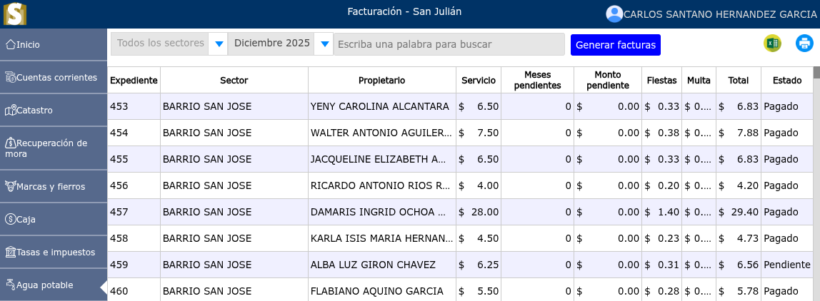 Listado de avisos de cobro generados