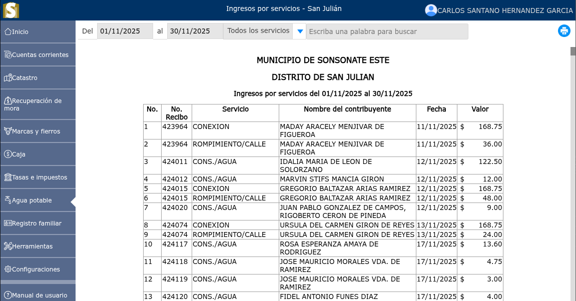 Listado de ingresos por servicios