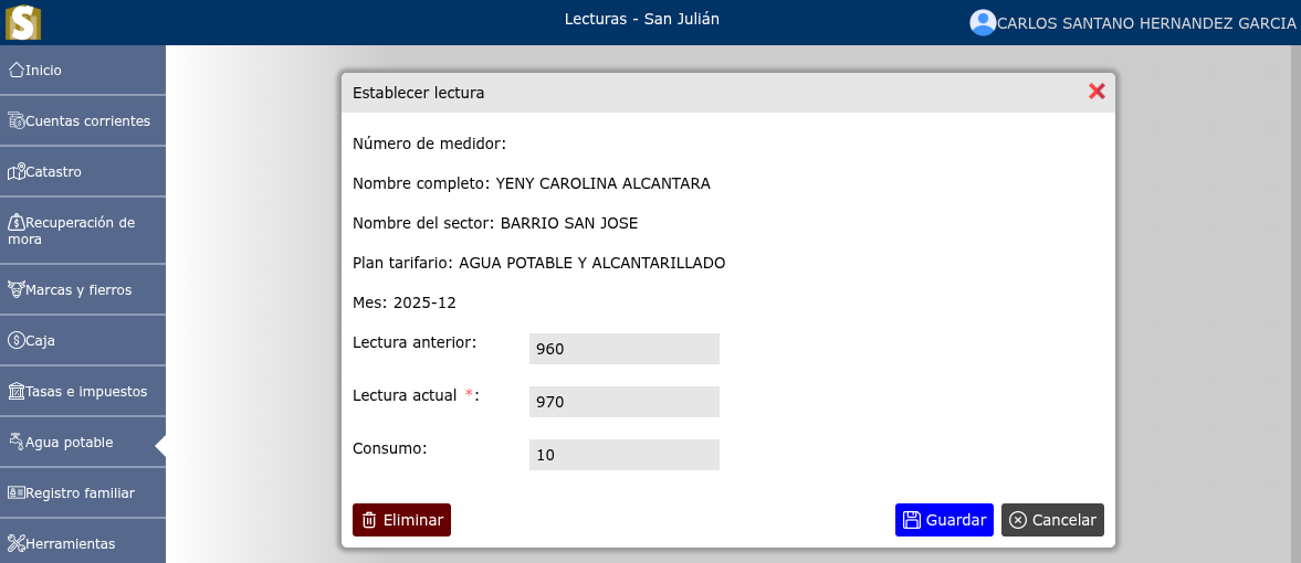 Modificación de una lectura