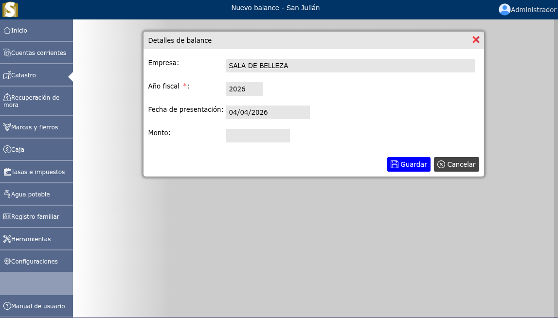 Registrar un nuevo balance general