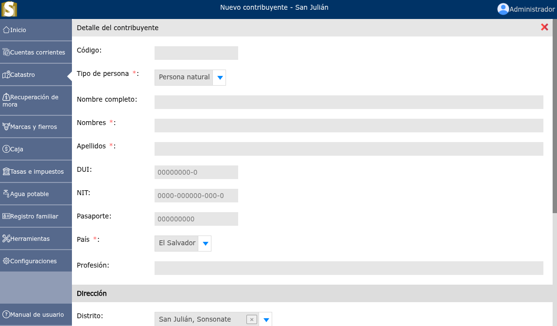 Registro de un nuevo contribuyente