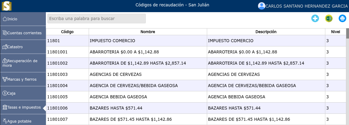 Lista de códigos de recaudación