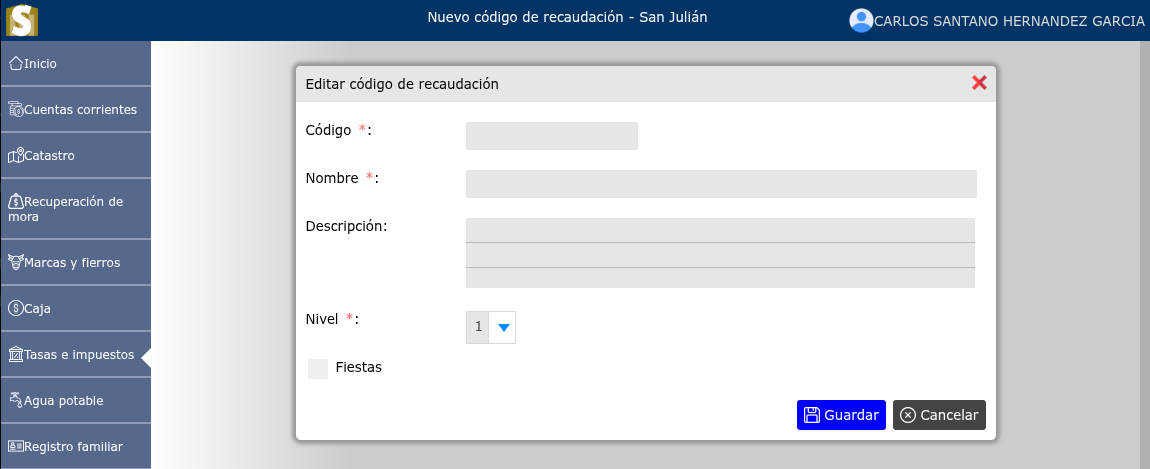 Registro de nuevo código de recaudación